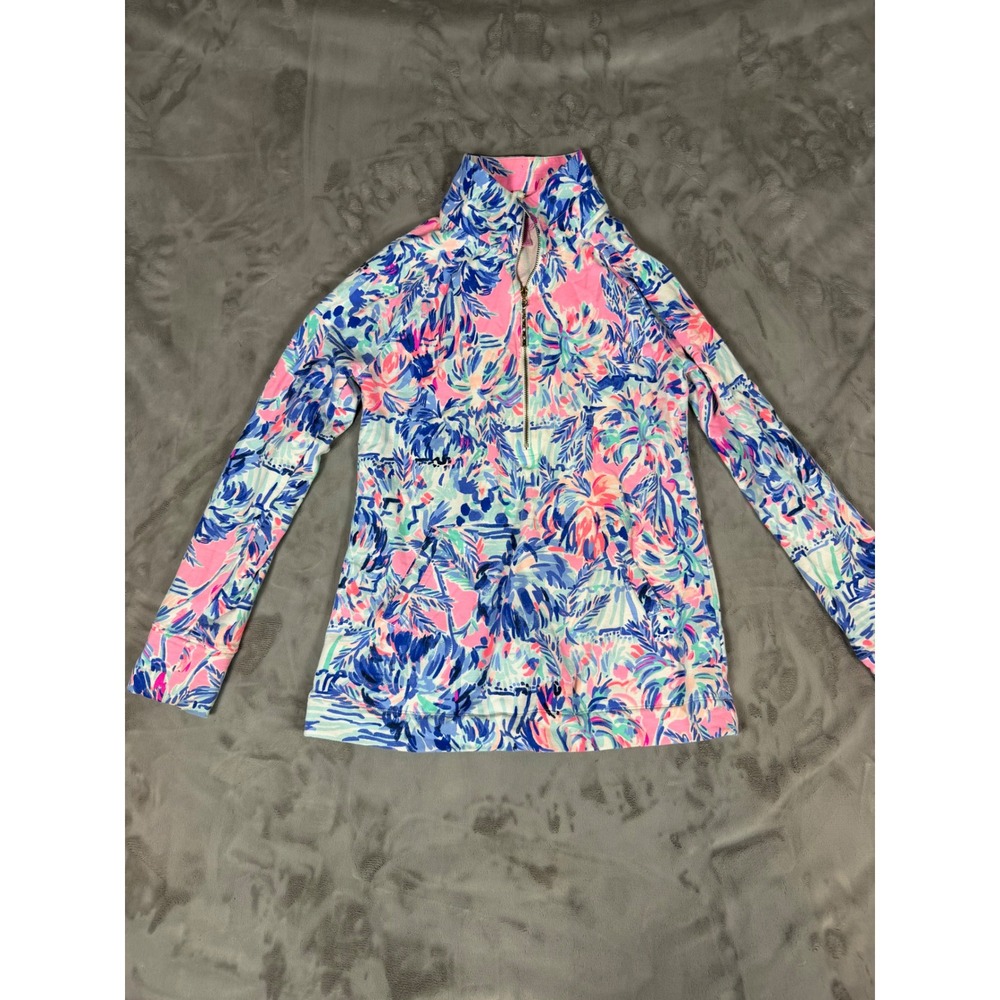 Lilly Pulitzer Skipper Popover Half Zip Sweatshirt Pink Blue Tropical Floral XS